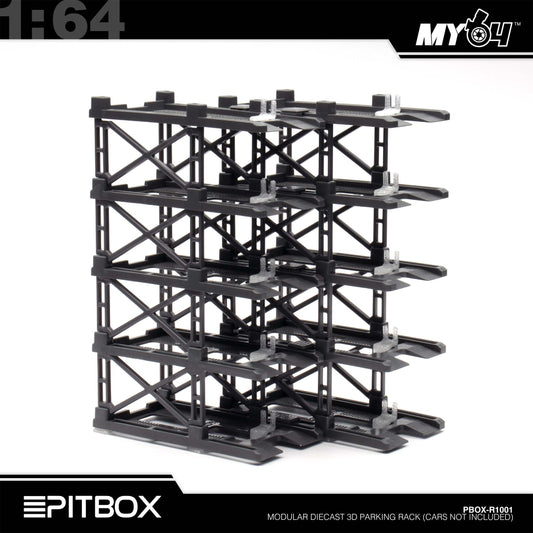 [PitBox] 1:64 Diorama 10-Bay Parking Rack (Grey) with Car Holder
