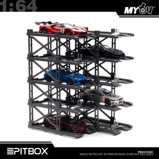 [PitBox] 1:64 Diorama 10-Bay Parking Rack (Grey) with Car Holder