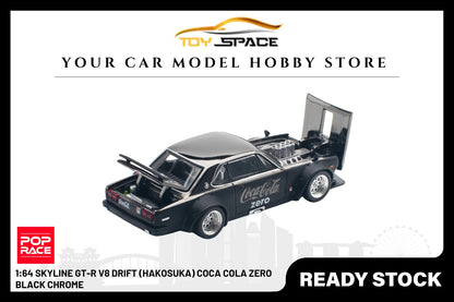 [POP RACE] 1:64 Skyline GT-R V8 Drift (Hakosuka) Coca Cola Zero Black Chrome - Toy Space Diecast Online Store Singapore
