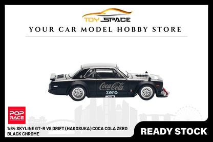 [POP RACE] 1:64 Skyline GT-R V8 Drift (Hakosuka) Coca Cola Zero Black Chrome - Toy Space Diecast Online Store Singapore