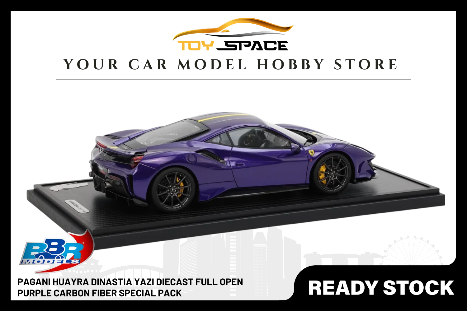 [BBR MODELS] 1:18 Ferrari 488 Pista Viola Al Humaid With Yellow-Black Stripe - Toy Space Diecast Online Store Singapore