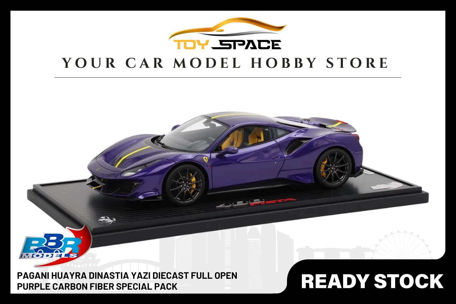 [BBR MODELS] 1:18 Ferrari 488 Pista Viola Al Humaid With Yellow-Black Stripe - Toy Space Diecast Online Store Singapore