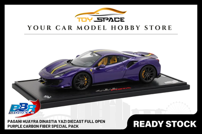 [BBR MODELS] 1:18 Ferrari 488 Pista Viola Al Humaid With Yellow-Black Stripe - Toy Space Diecast Online Store Singapore