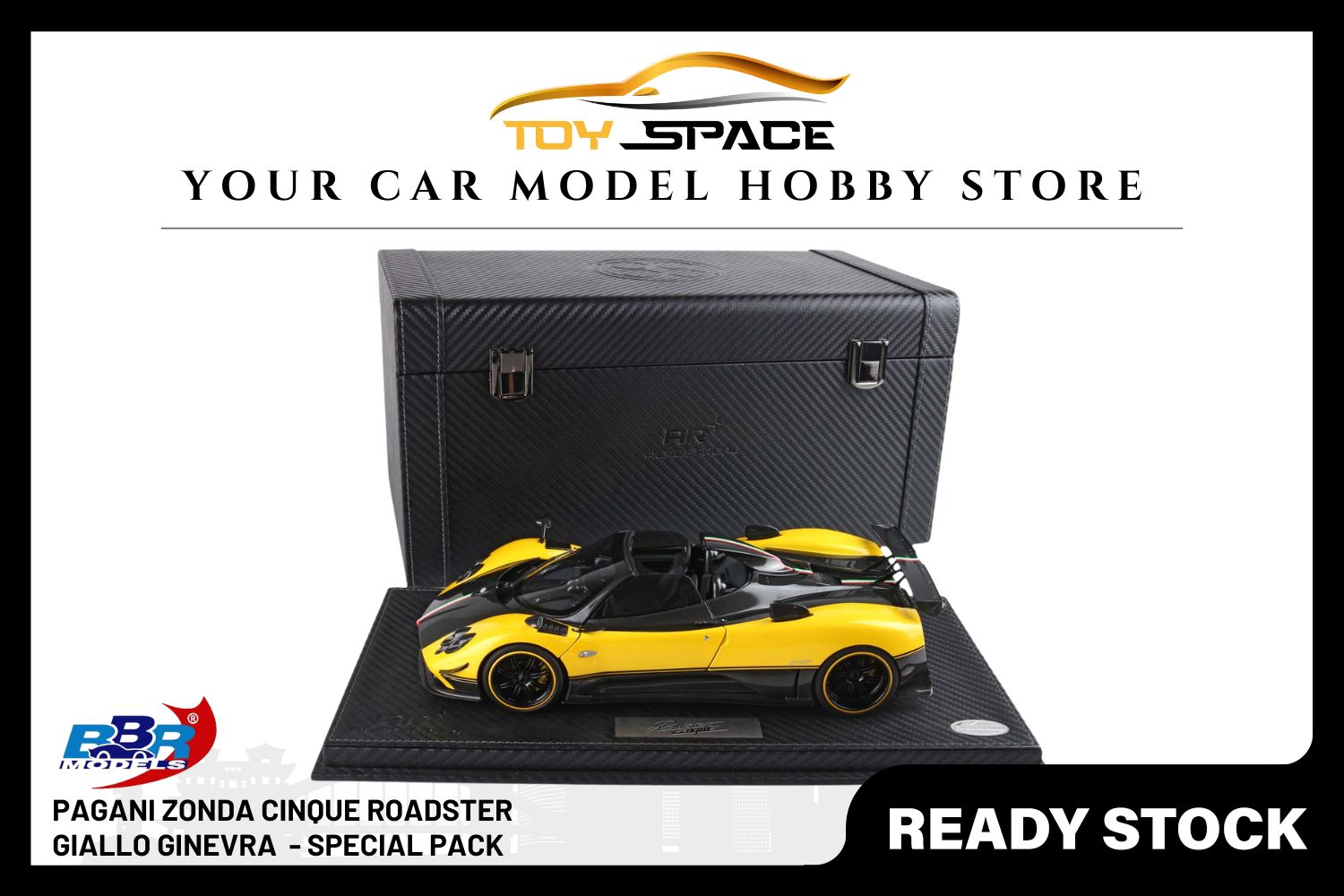 [BBR MODELS] 1:18 Pagani Zonda Cinque Roadster Diecast Geneva Yellow - Special Pack - Toy Space Diecast Online Store Singapore