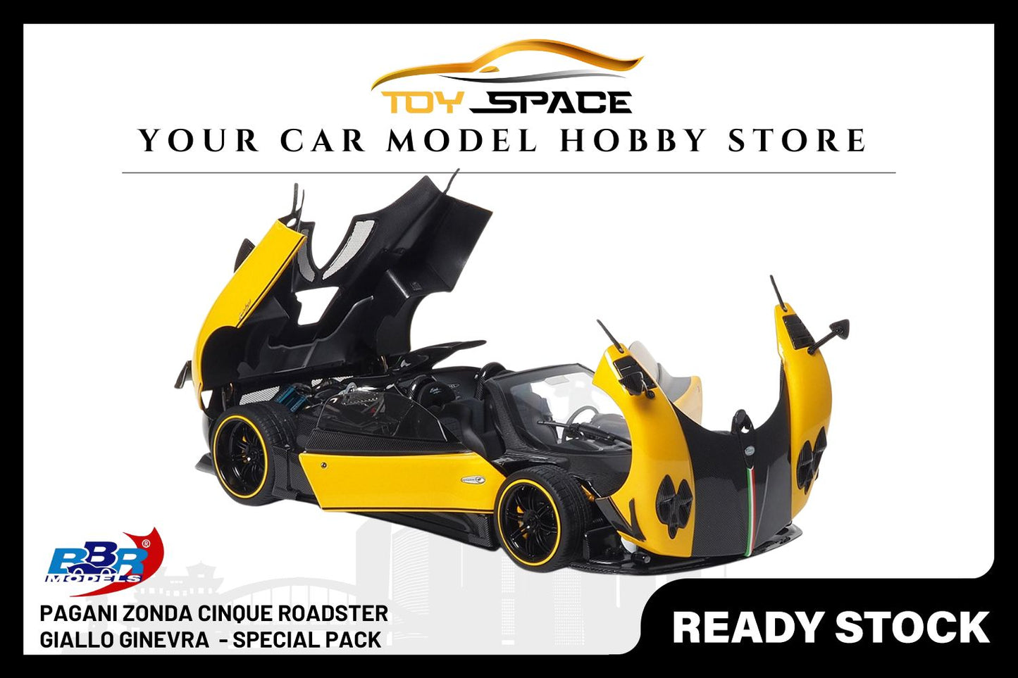 [BBR MODELS] 1:18 Pagani Zonda Cinque Roadster Diecast Geneva Yellow - Special Pack - Toy Space Diecast Online Store Singapore