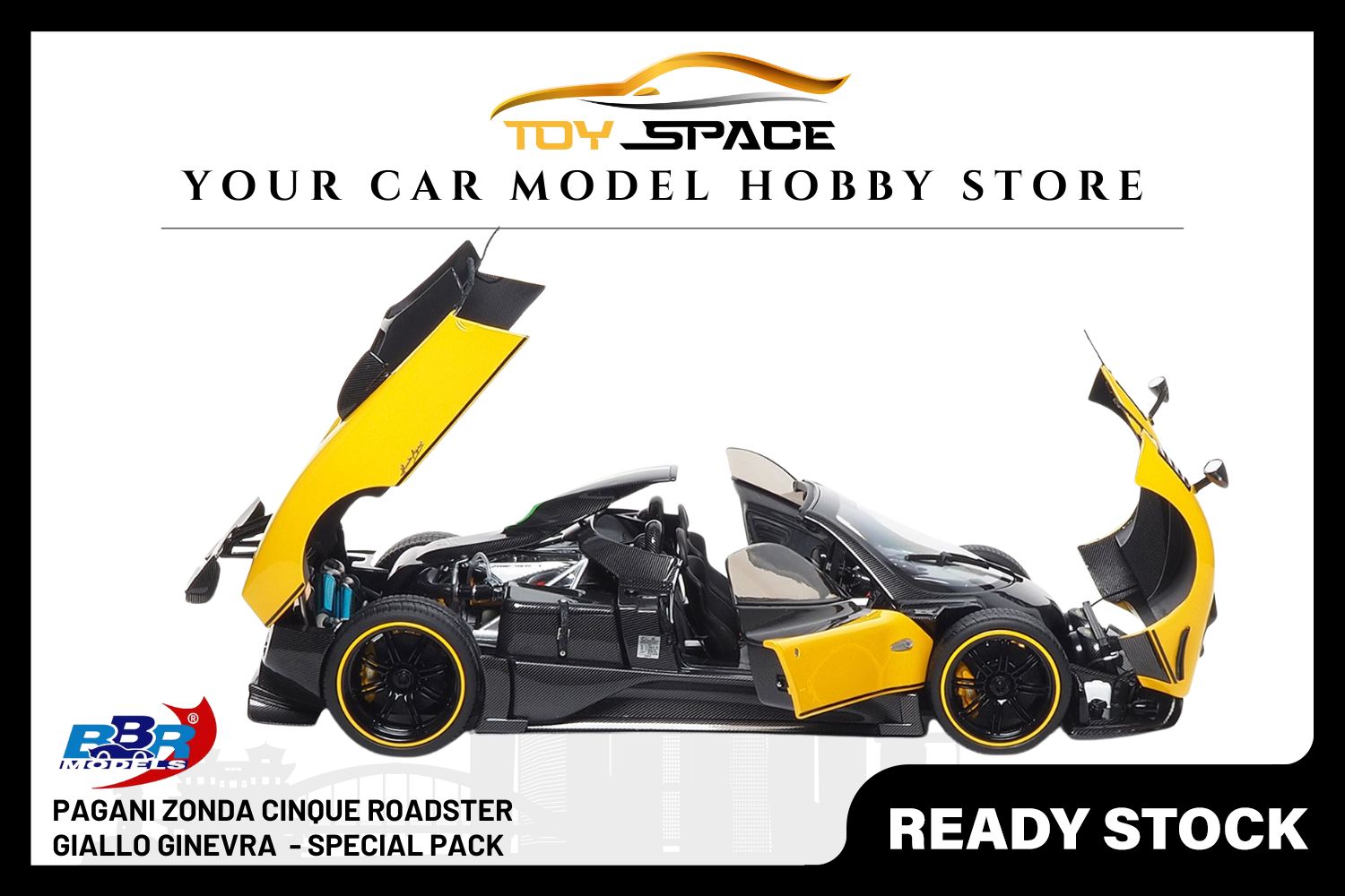 [BBR MODELS] 1:18 Pagani Zonda Cinque Roadster Diecast Geneva Yellow - Special Pack - Toy Space Diecast Online Store Singapore