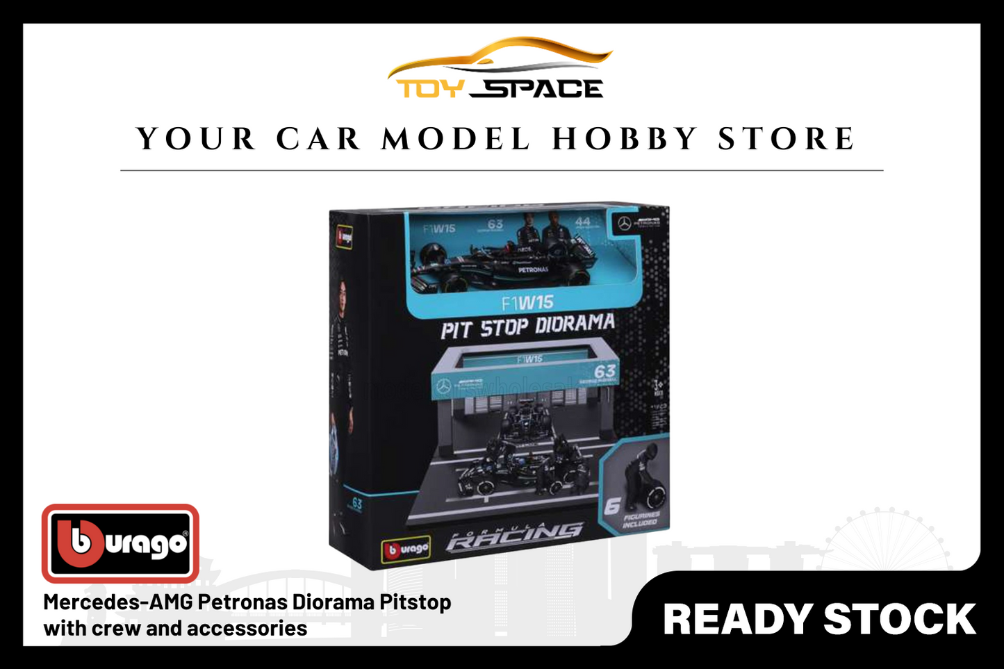 [BBURAGO] 1:43 Mercedes AMG Petronas Diorama Pitstop Set - Toy Space Diecast Online Store Singapore