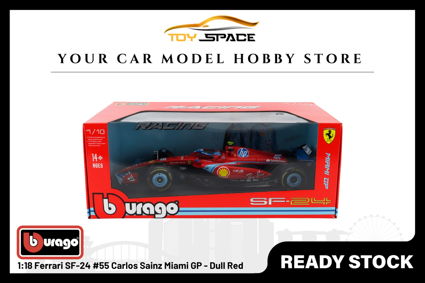 [BBURAGO] 1:18 Ferrari SF-24 #55 Carlos Sainz Miami GP - Dull Red - Toy Space Diecast Online Store Singapore