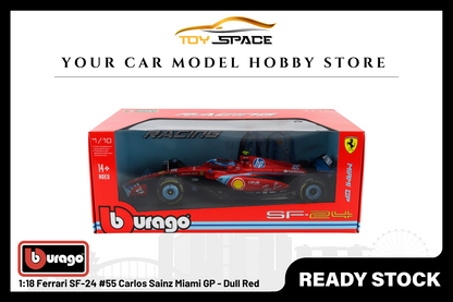 [BBURAGO] 1:18 Ferrari SF-24 #55 Carlos Sainz Miami GP - Dull Red - Toy Space Diecast Online Store Singapore