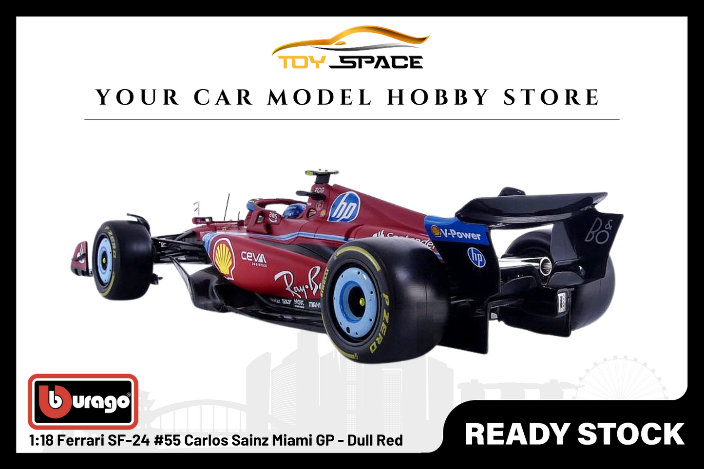 [BBURAGO] 1:18 Ferrari SF-24 #55 Carlos Sainz Miami GP - Dull Red - Toy Space Diecast Online Store Singapore