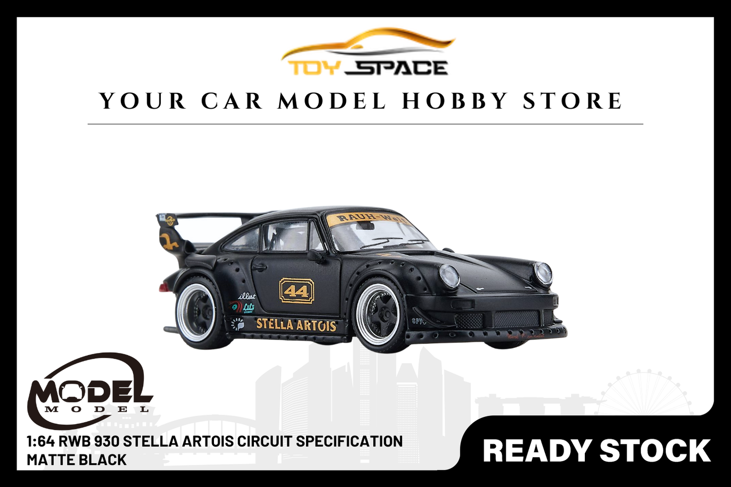[MODEL MODEL] 1:64 RWB 930 Stella Artois Circuit Specification Matte Black - Toy Space Diecast Online Store Singapore