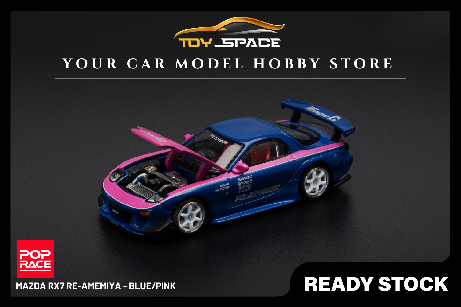 [POP RACE] 1:64 Mazda RX7 Re-Amemiya - Blue/Pink - Toy Space Diecast Online Store Singapore