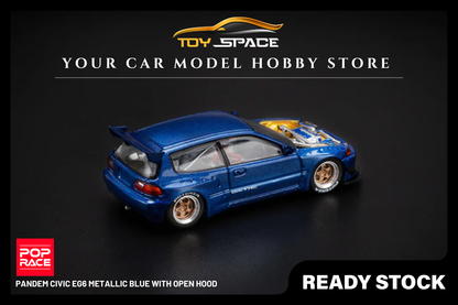 [POP RACE] 1:64 PANDEM Civic EG6 Metallic Blue with Open Hood - Toy Space Diecast Online Store Singapore
