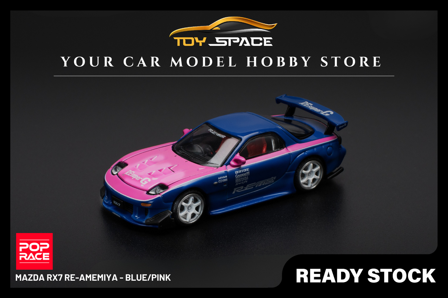 [POP RACE] 1:64 Mazda RX7 Re-Amemiya - Blue/Pink - Toy Space Diecast Online Store Singapore