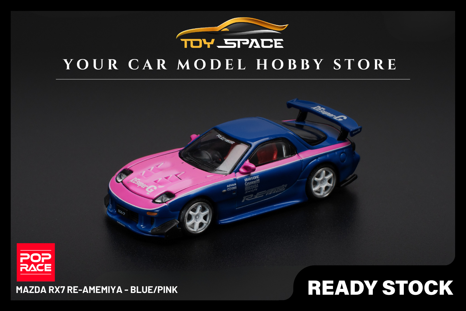 [POP RACE] 1:64 Mazda RX7 Re-Amemiya - Blue/Pink - Toy Space Diecast Online Store Singapore