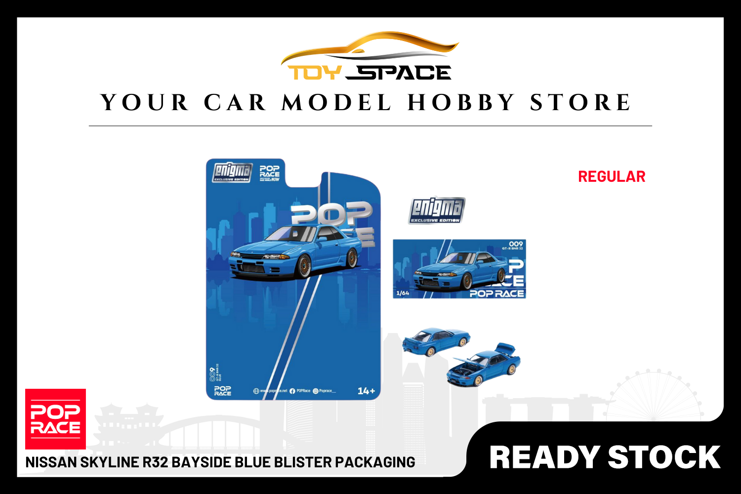 [POP RACE] 1:64 Nissan Skyline R32 Bayside Blue Blister Packaging - Toy Space Diecast Online Store Singapore