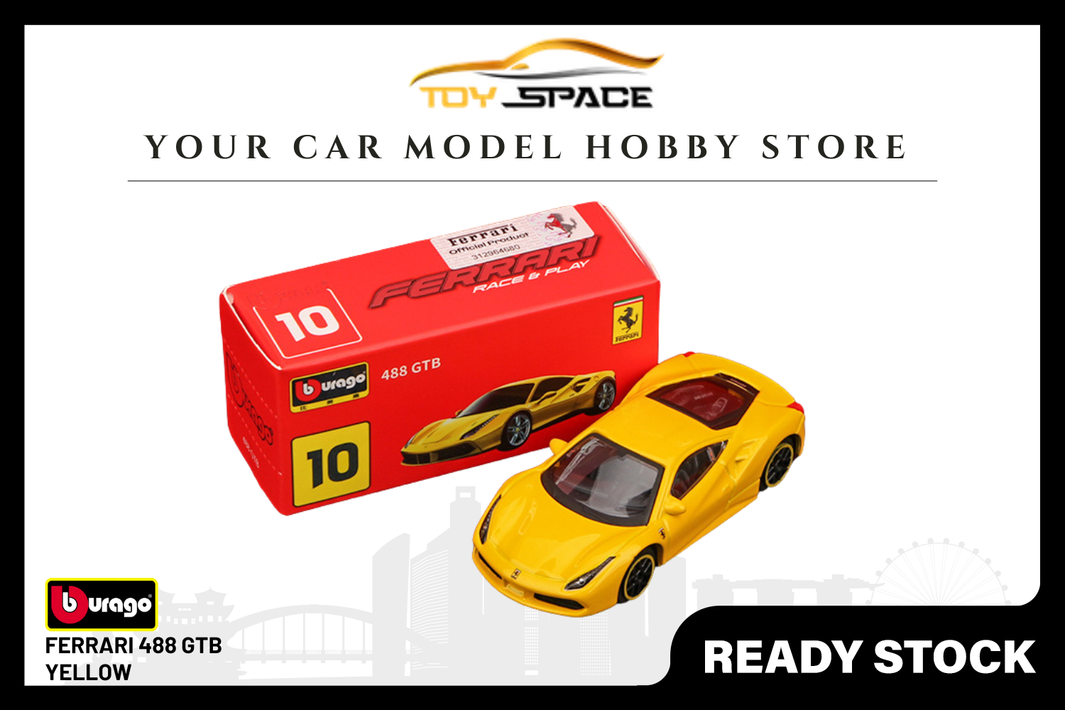 Bburago 1:64 Ferrari 488 GTB Yellow - Toy Space Diecast Online Store Singapore