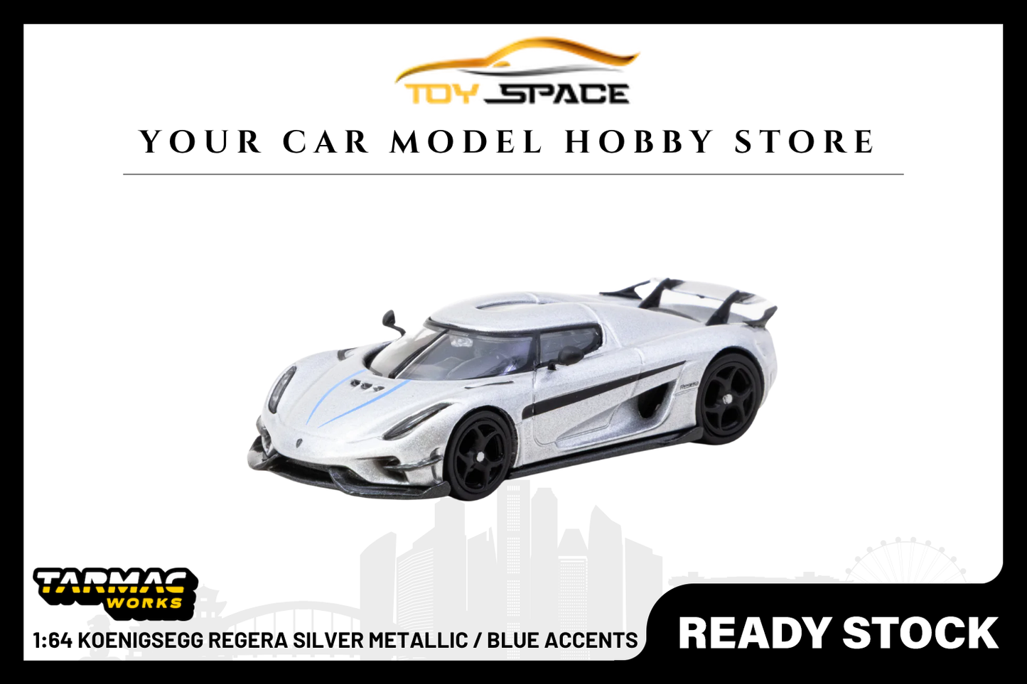 [TARMAC WORKS] 1:64 Koenigsegg Regera Silver Metallic / Blue Accents - Toy Space Diecast Online Store Singapore