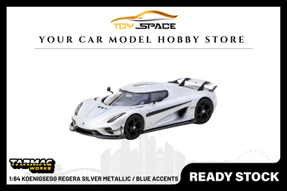 [TARMAC WORKS] 1:64 Koenigsegg Regera Silver Metallic / Blue Accents - Toy Space Diecast Online Store Singapore